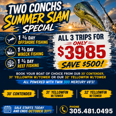 Fishing special poster for 3 trips, $3985, save $500. Offer ends October 31st. Phone: 305-481-0495.