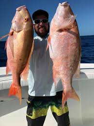 Person holding two large fish on a boat under a clear blue sky.