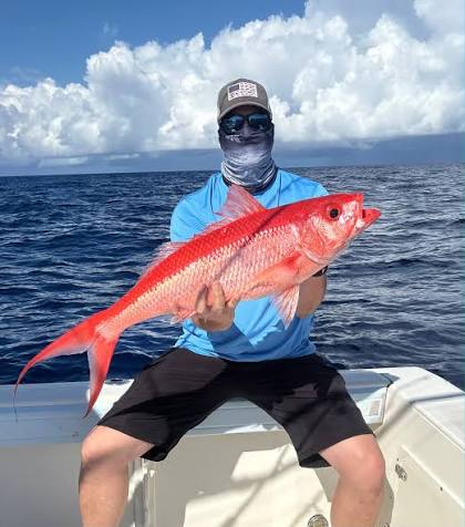 Person on boat holding a large queen snapper fish against a cloudy sky.